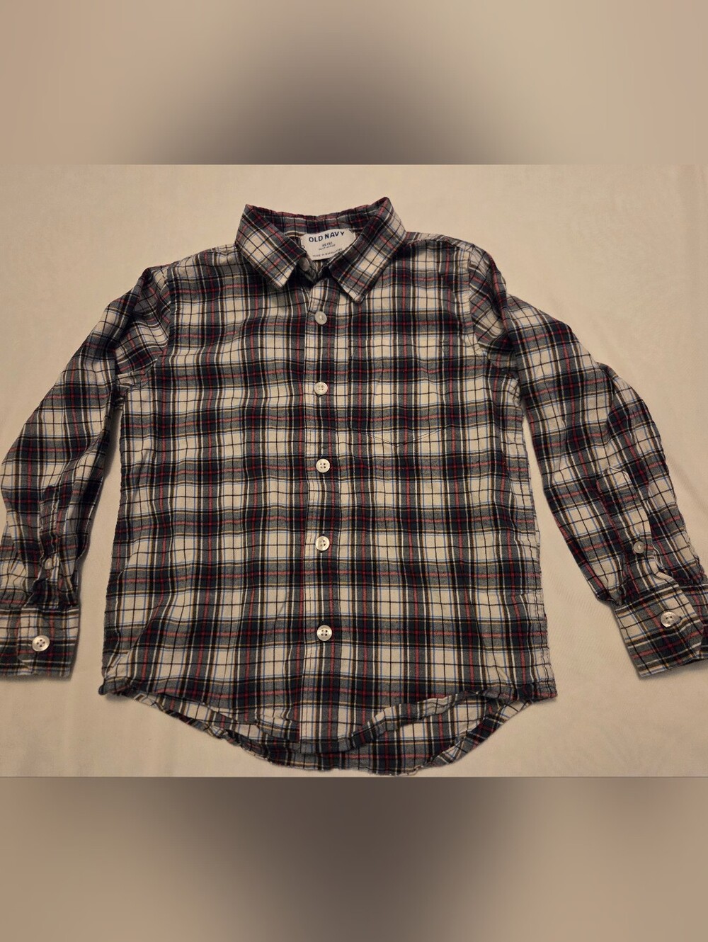 Old Navy Boys Longsleeve Button Up Shirt Gray White Multicolor Plaid Size XS 4-5